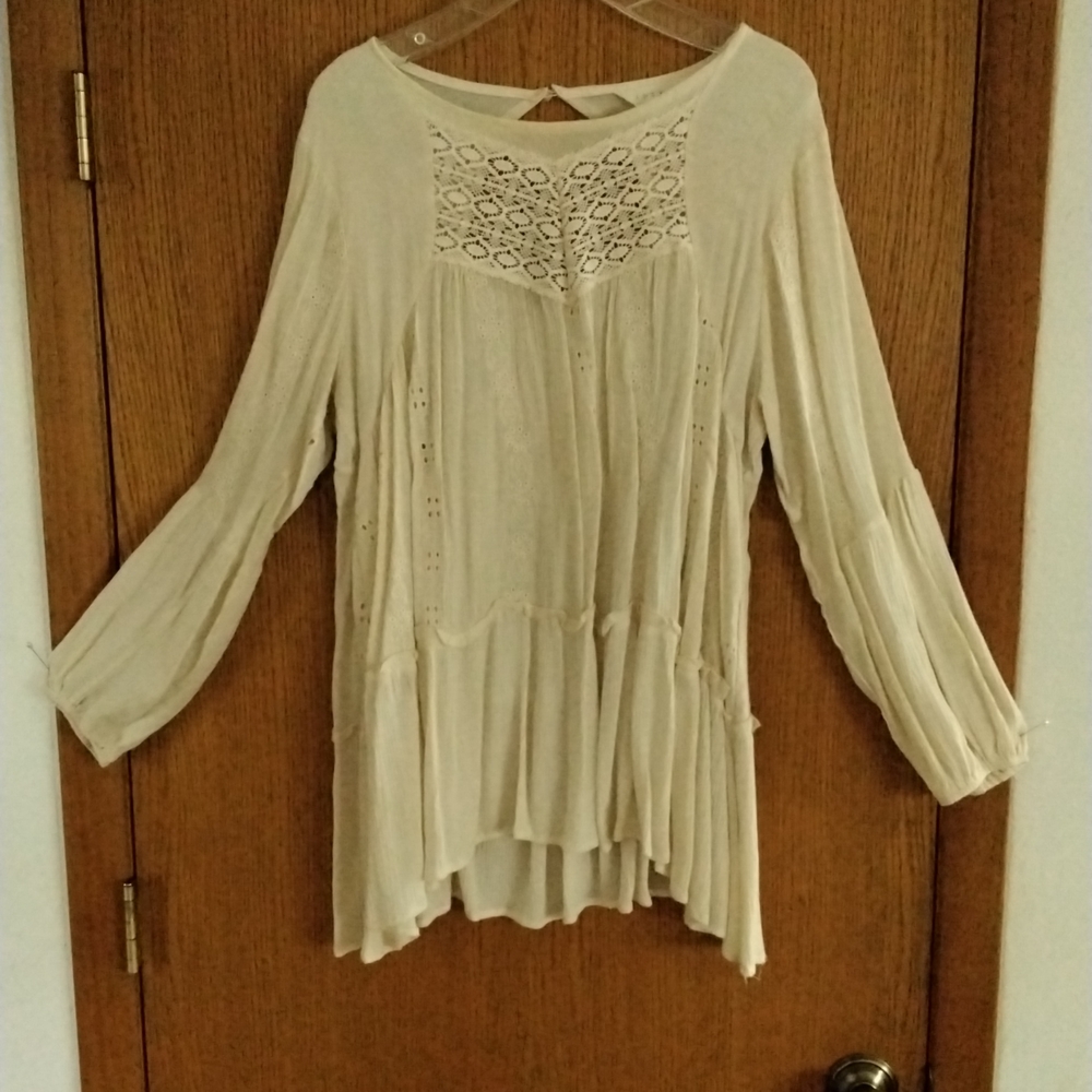 Adiva Cream Crochet Yoke Flowing Tunic Top